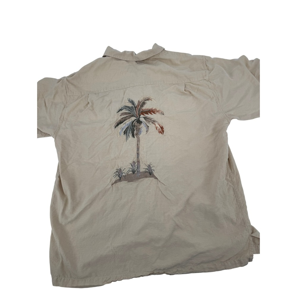 Caribbean Silk Shirt Mens XL Beige Palm Tree Embroidered Tropical Camp Button Up